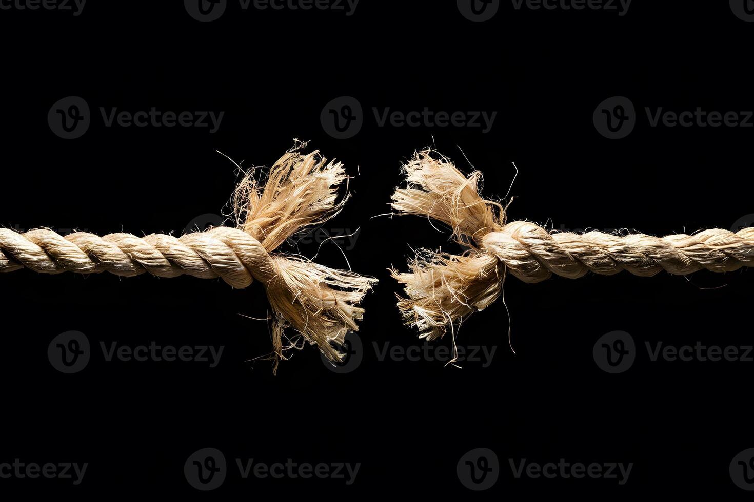 Frayed rope against black background, creating high tension photo