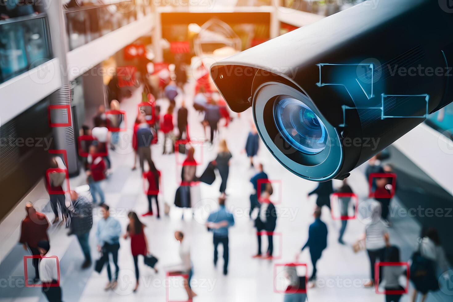 Surveillance camera with digital blue graphics overlooking bustling mall photo
