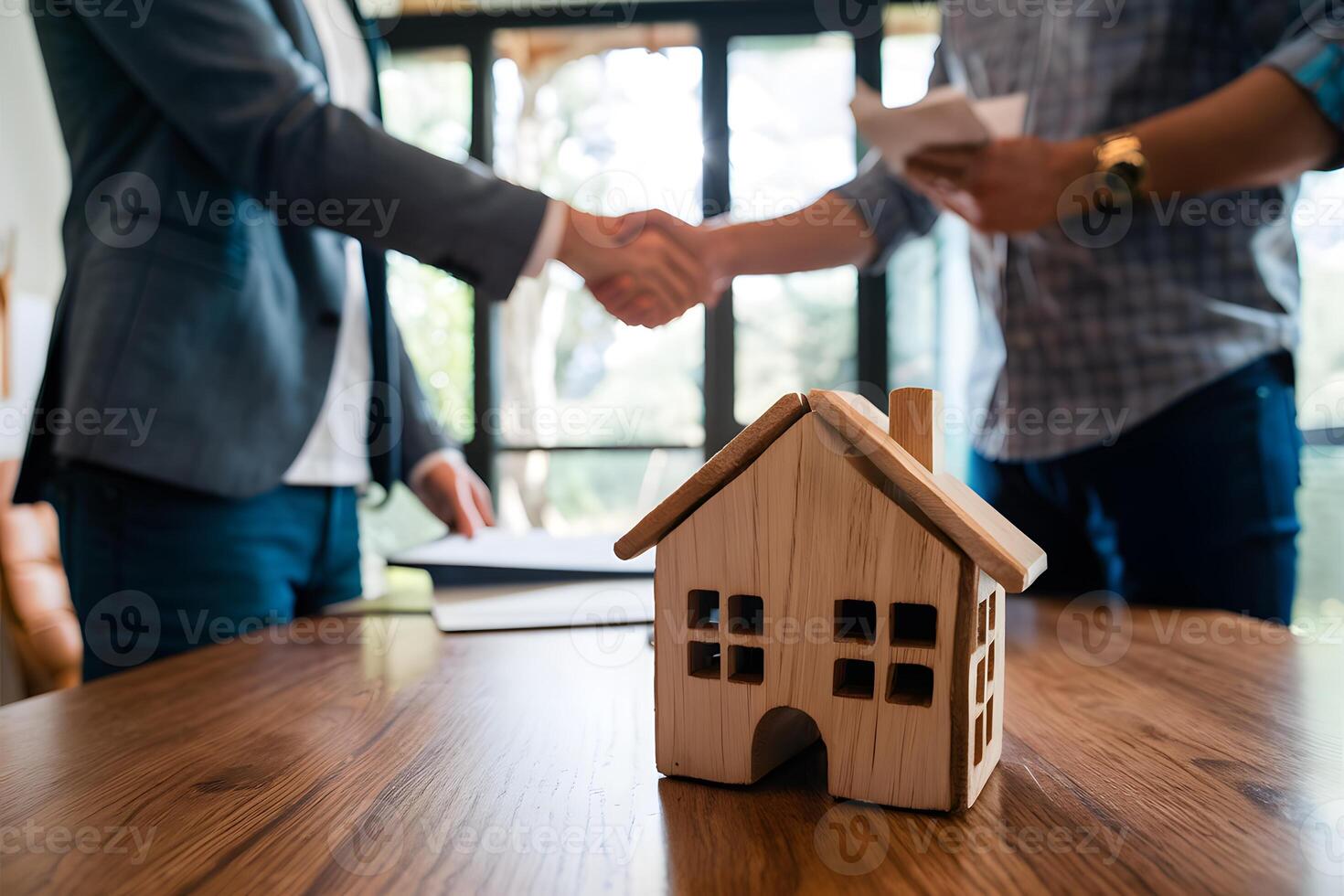 Wooden house model on table, individuals shaking hands in background photo