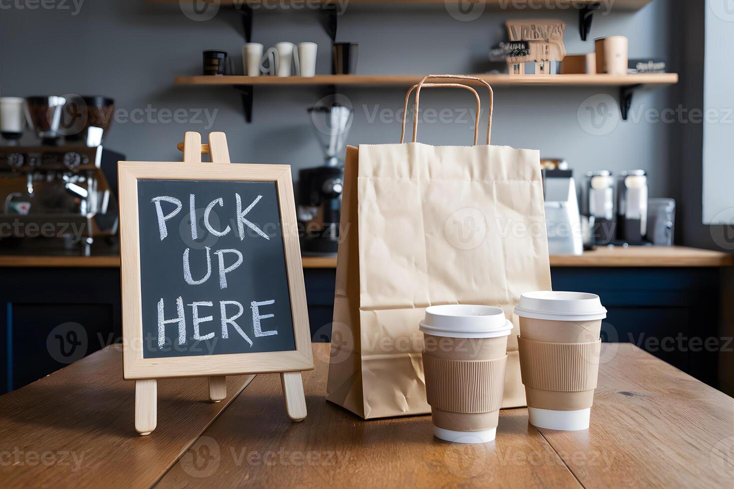Wooden table in cafe with Pick Up Here sign, takeaway items photo