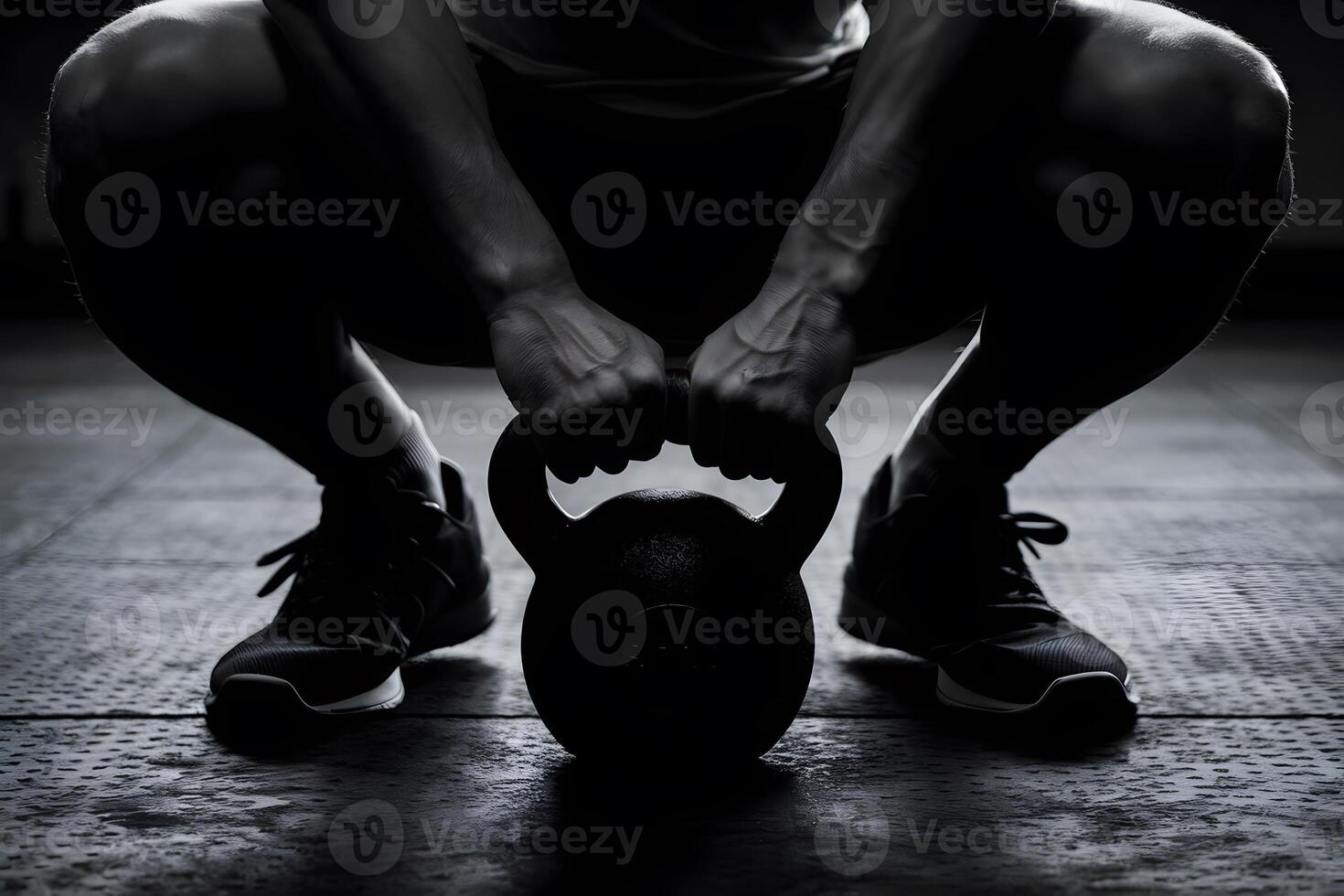 Person crouching with kettlebell in dark gym, textured flooring photo
