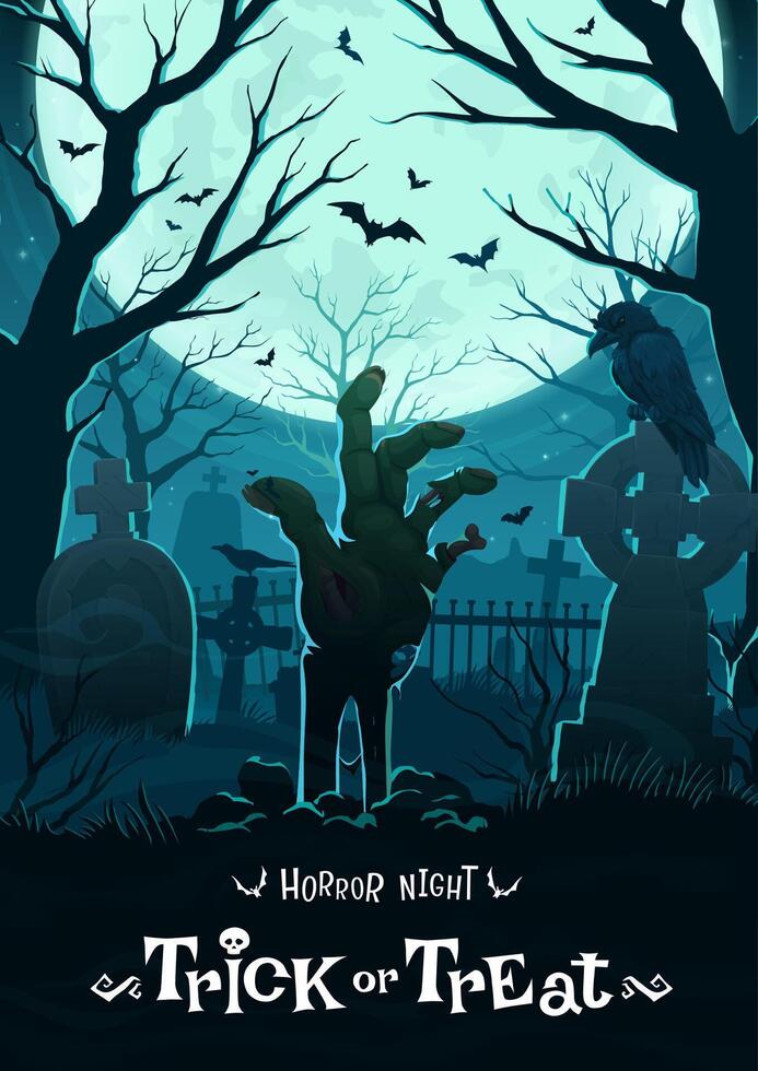 Zombie hand on Halloween cemetery, horror movie vector