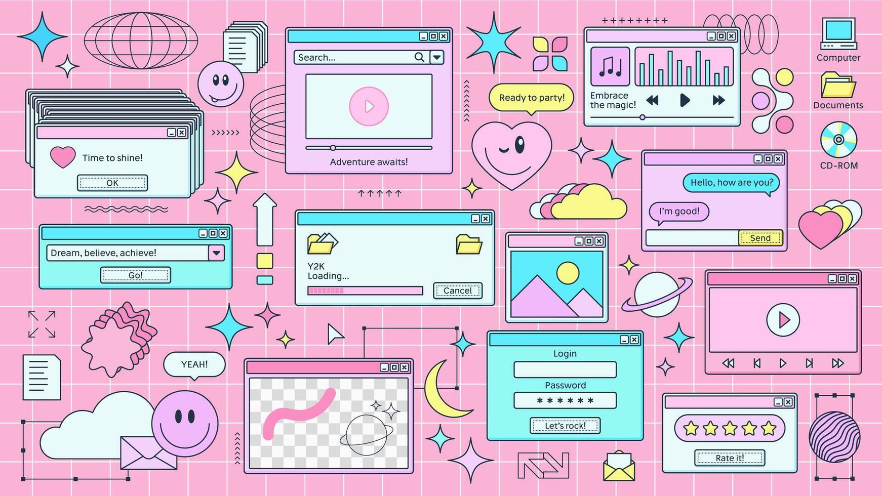 Y2k retro browser window page with computer icons vector