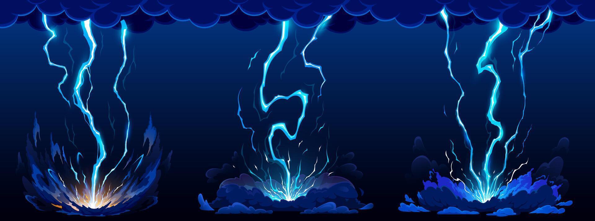 Cartoon blue lightning, thunder strike flashes vector