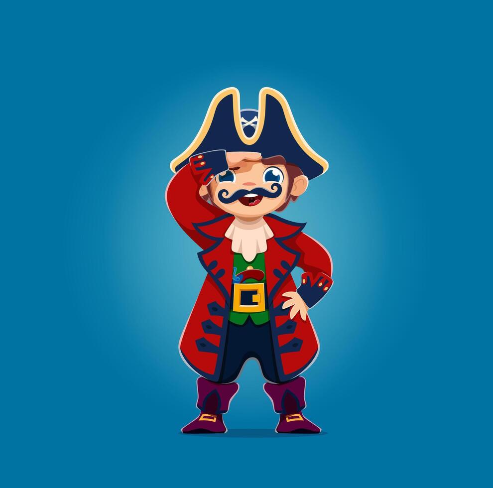 Cartoon boy kid pirate, young captain character vector