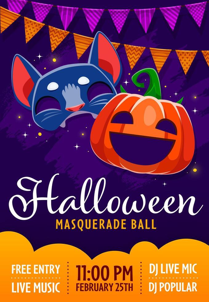 Halloween party flyer with funny kid masks, vector