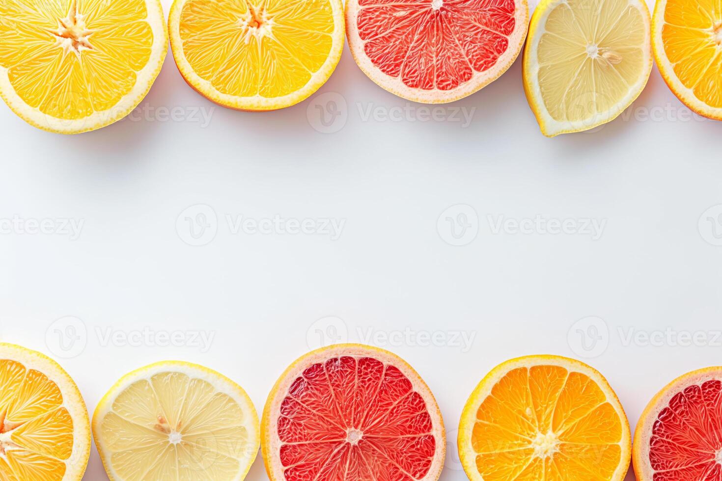 Citrus fruit slices arranged on white background, copy space photo