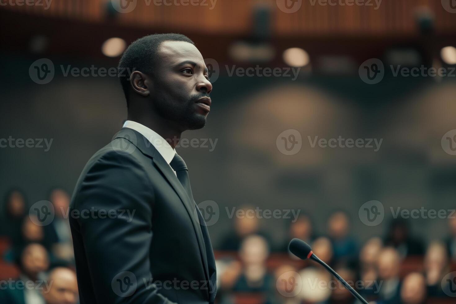 African American man speaking at podium with copy space photo