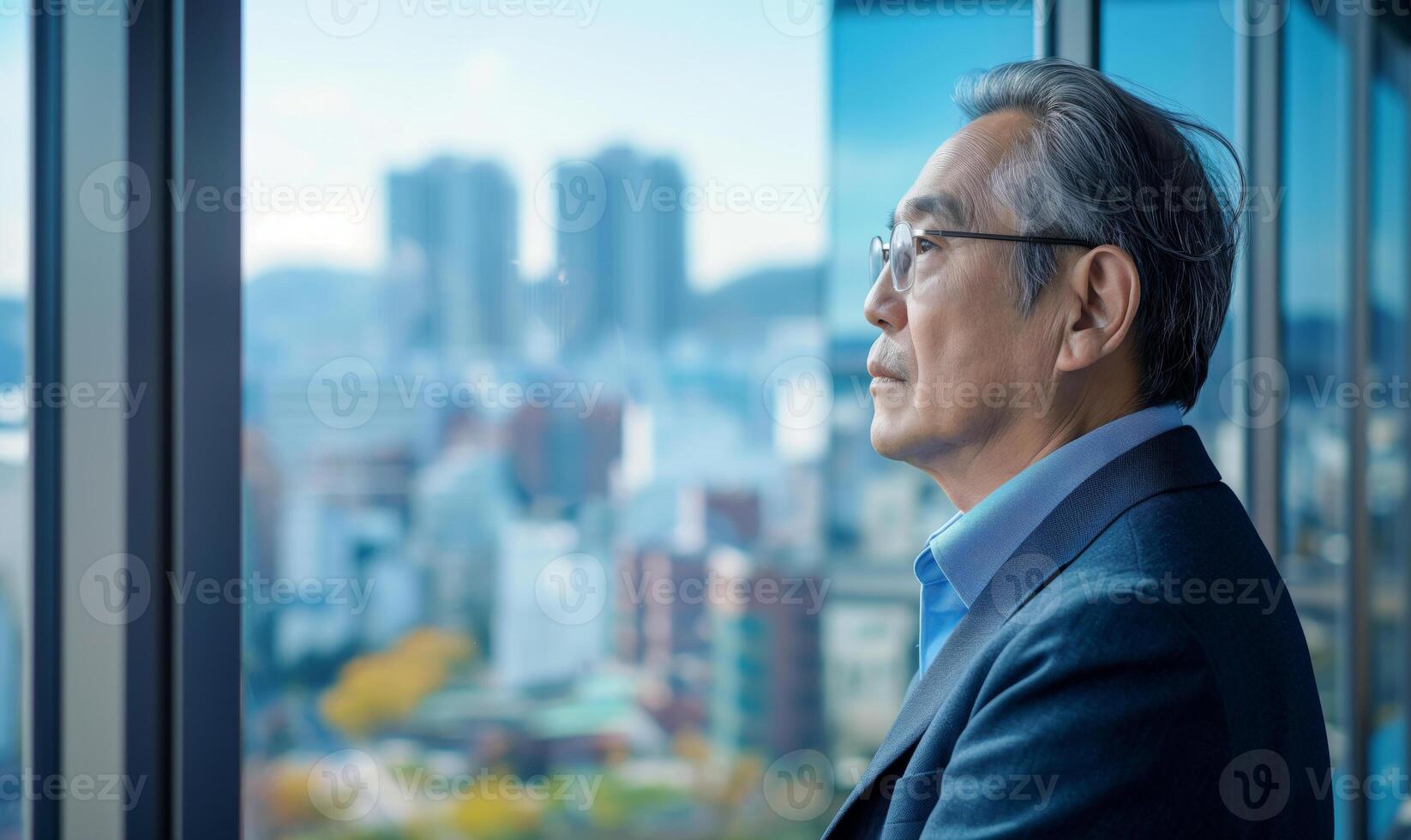 A Japanese senior employee working past retirement and looking out of an office window photo