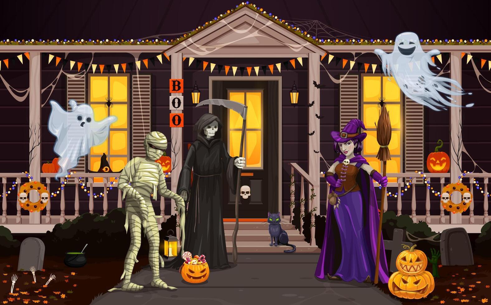 Halloween characters near holiday door porch vector