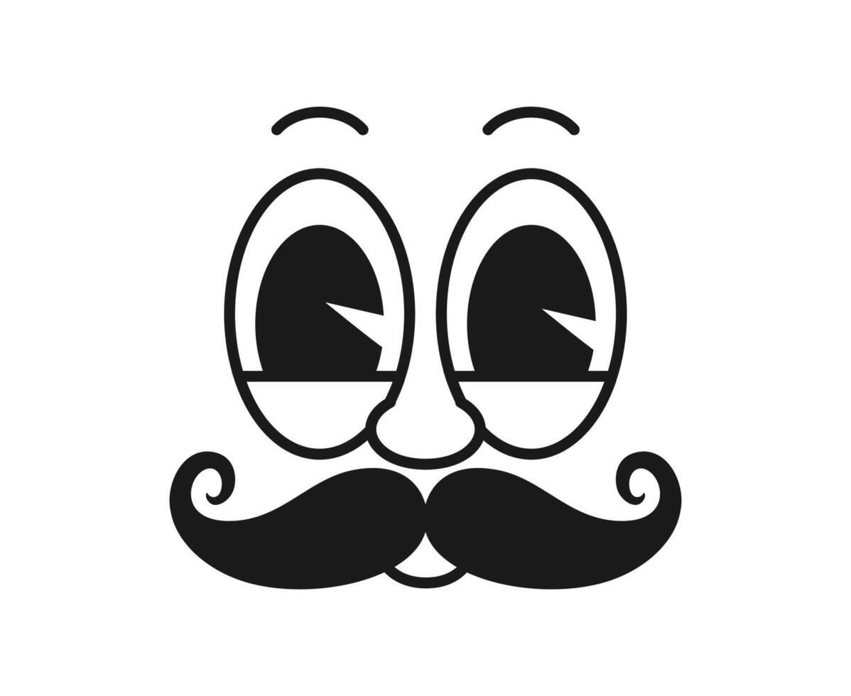 Cartoon mustached comic groovy face, funny emotion vector