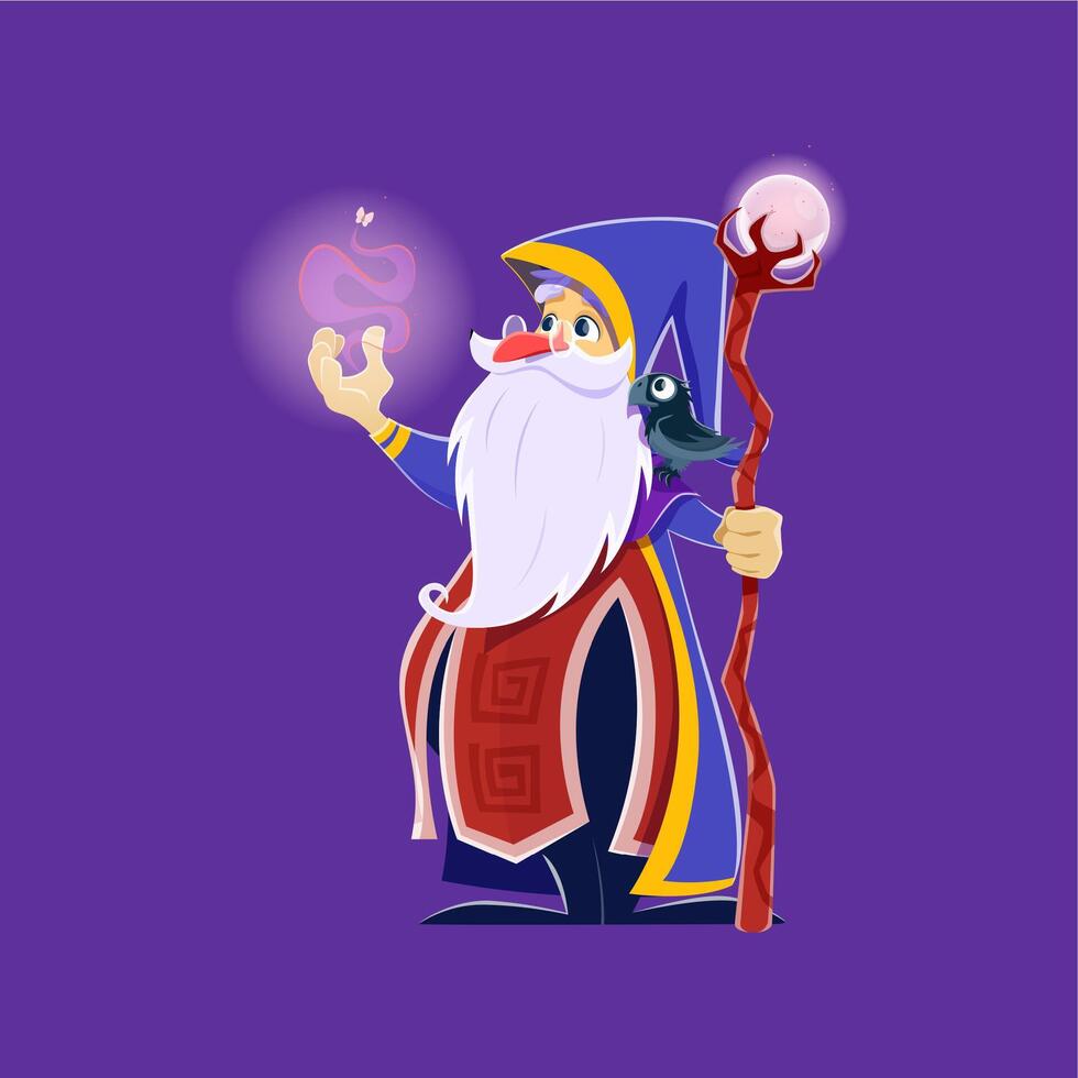 Cartoon Halloween wizard character, old magician vector