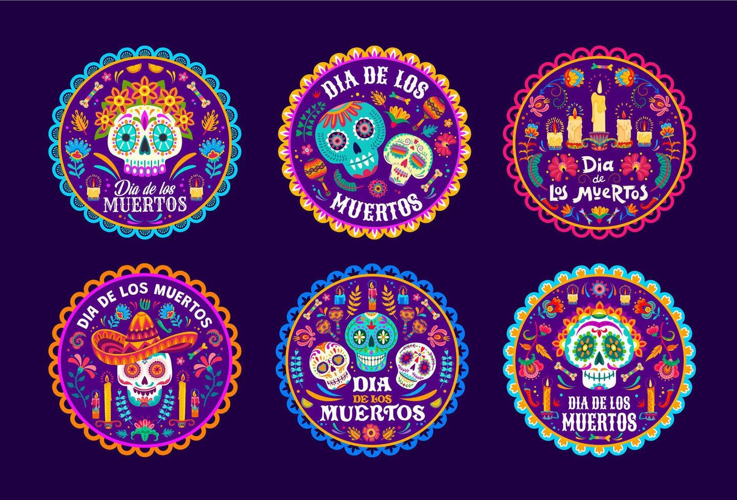 día de muerto etiquetas, mexicano Víspera de Todos los Santos azúcar calaveras vector