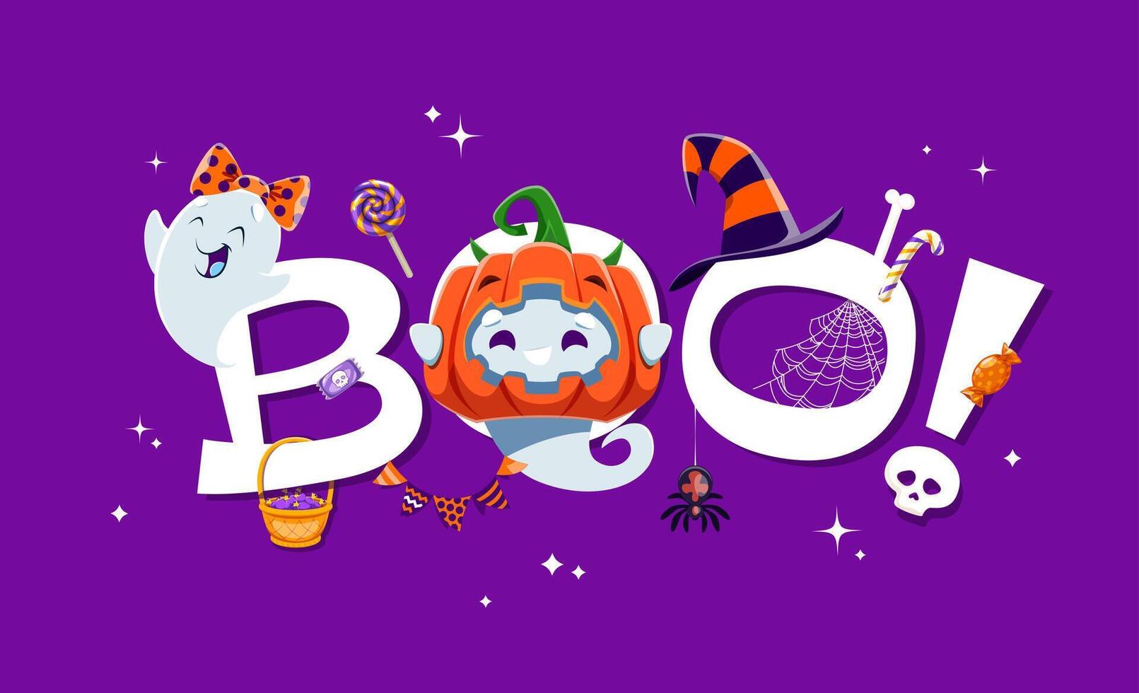 Halloween boo banner with funny cute kawaii ghosts vector