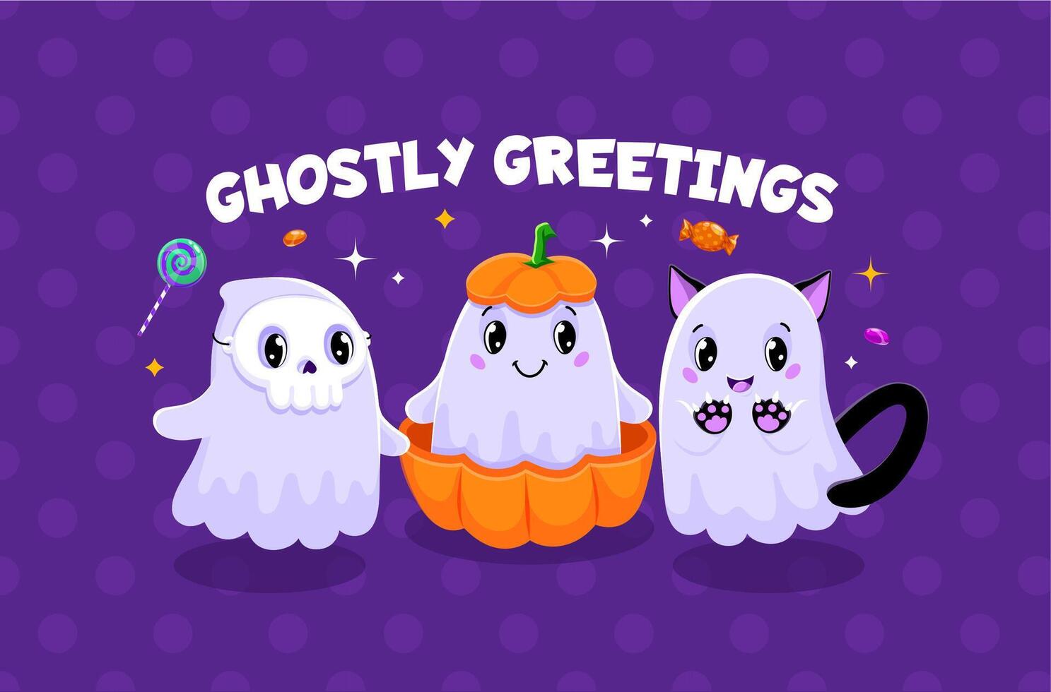 Halloween ghostly greetings with kawaii ghosts vector