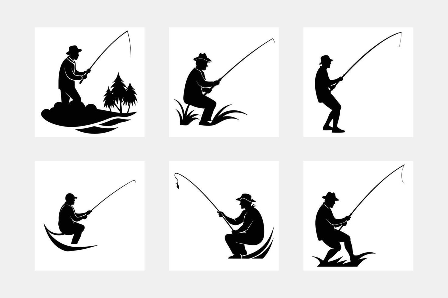 Black silhouette of a fisherman with a fishing rod and a fish on a white background vector
