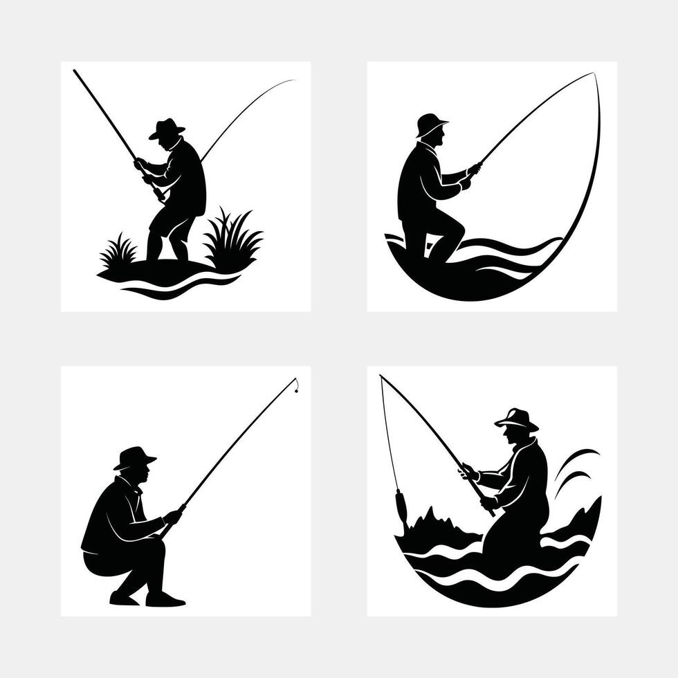 Black silhouette of a fisherman with a fishing rod and a fish on a white background vector