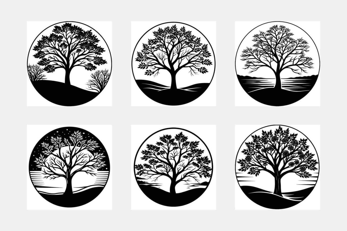 Silhouette of tree winter oak logo, hand drawn illustration vector