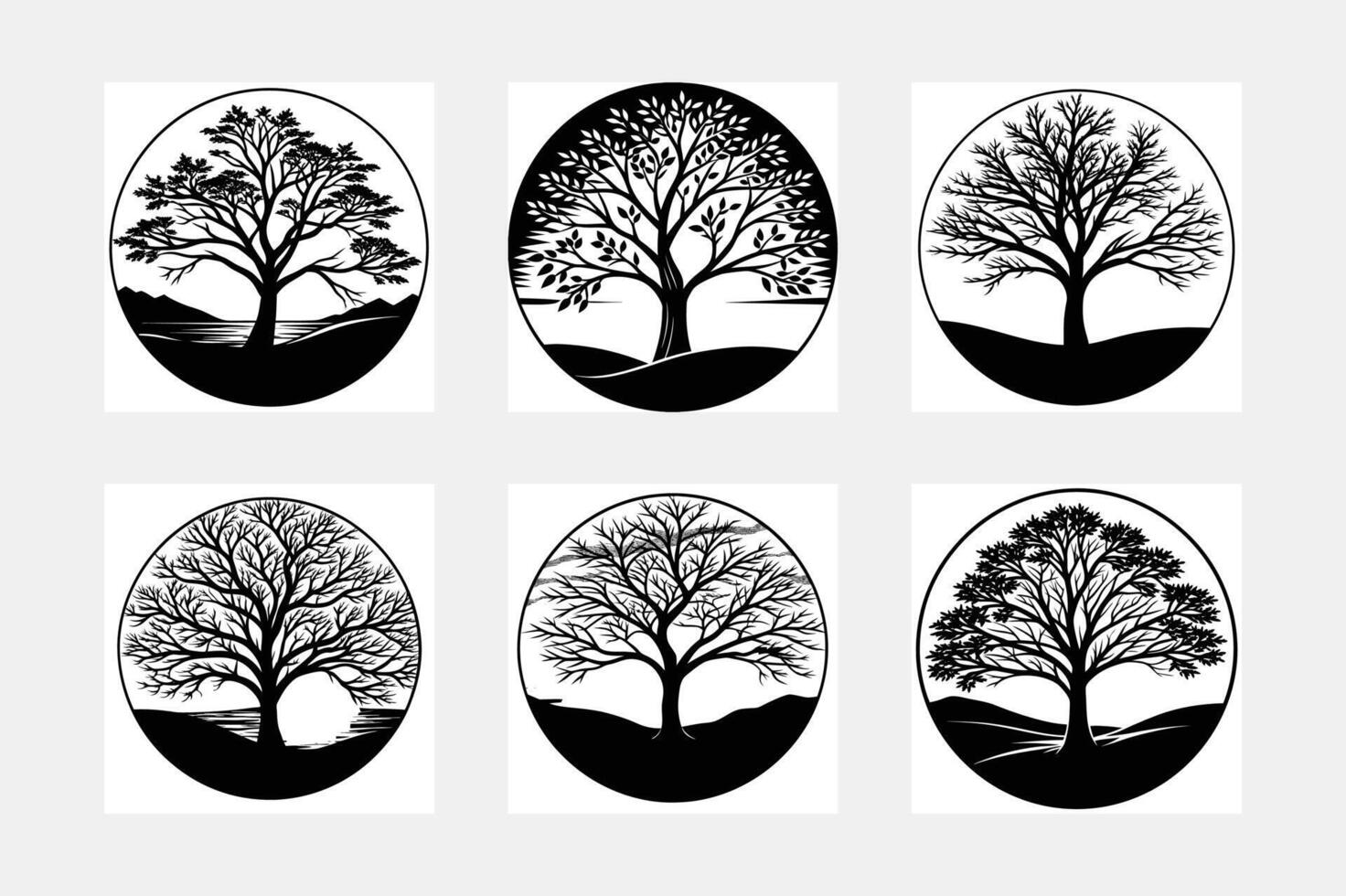 Silhouette of tree winter oak logo, hand drawn illustration vector