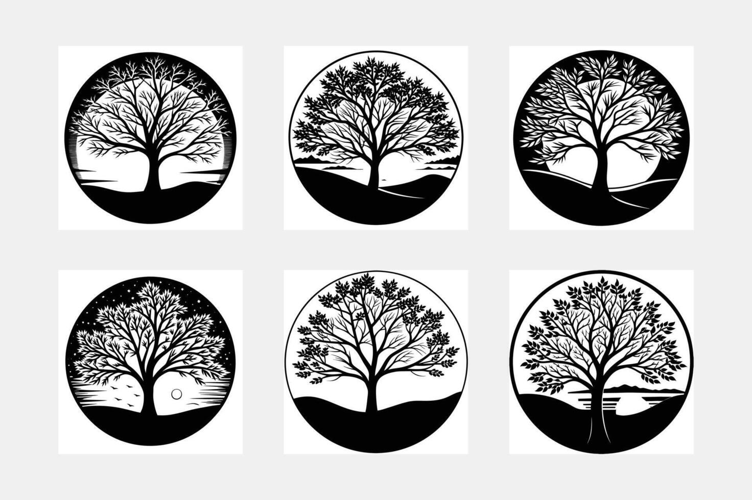 Silhouette of tree winter oak logo, hand drawn illustration vector