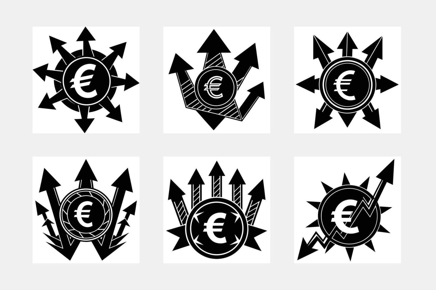 Euro sign with multi-directional arrows. Spread of money. Financial deployment vector