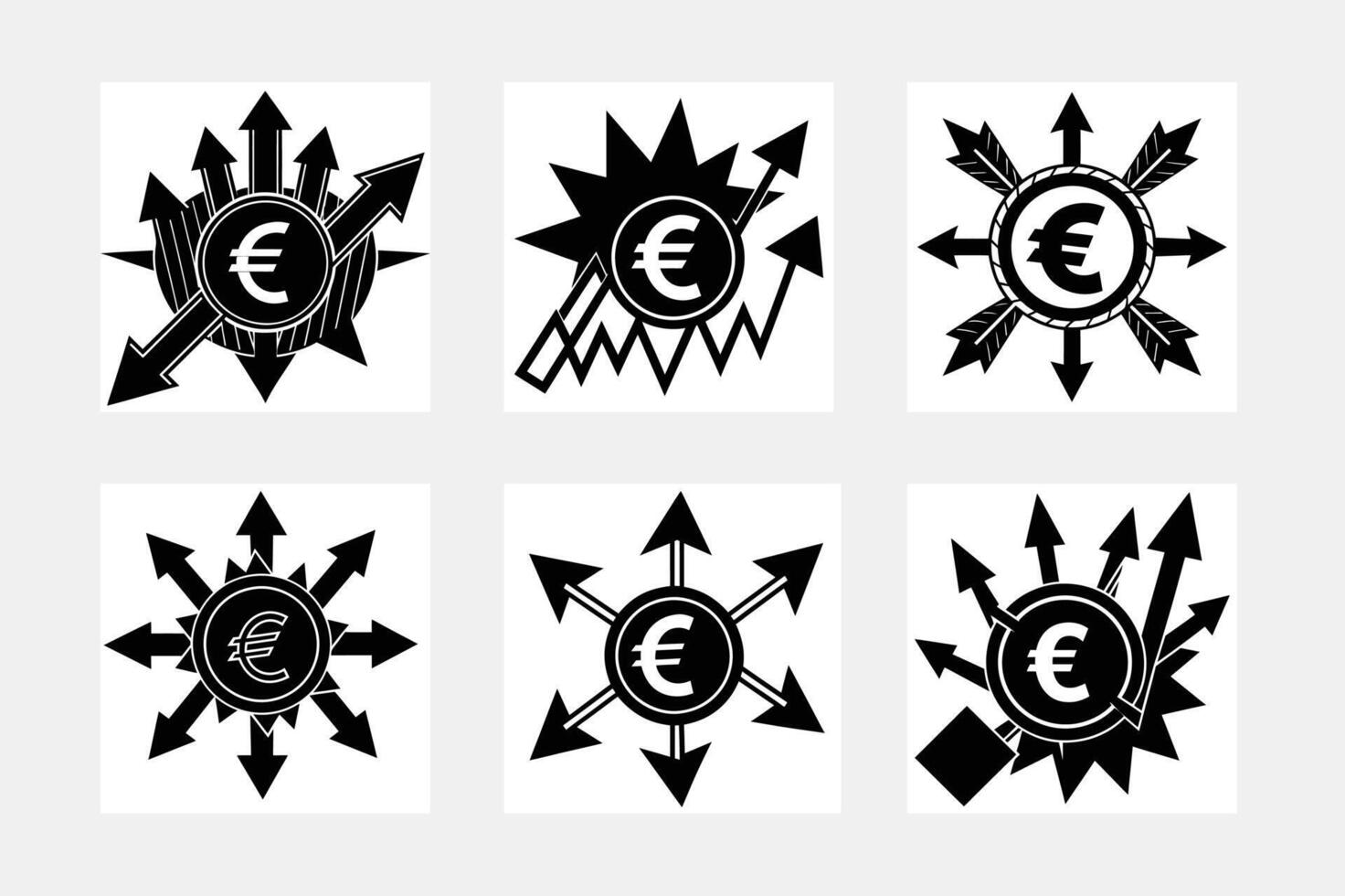 Euro sign with multi-directional arrows. Spread of money. Financial deployment vector