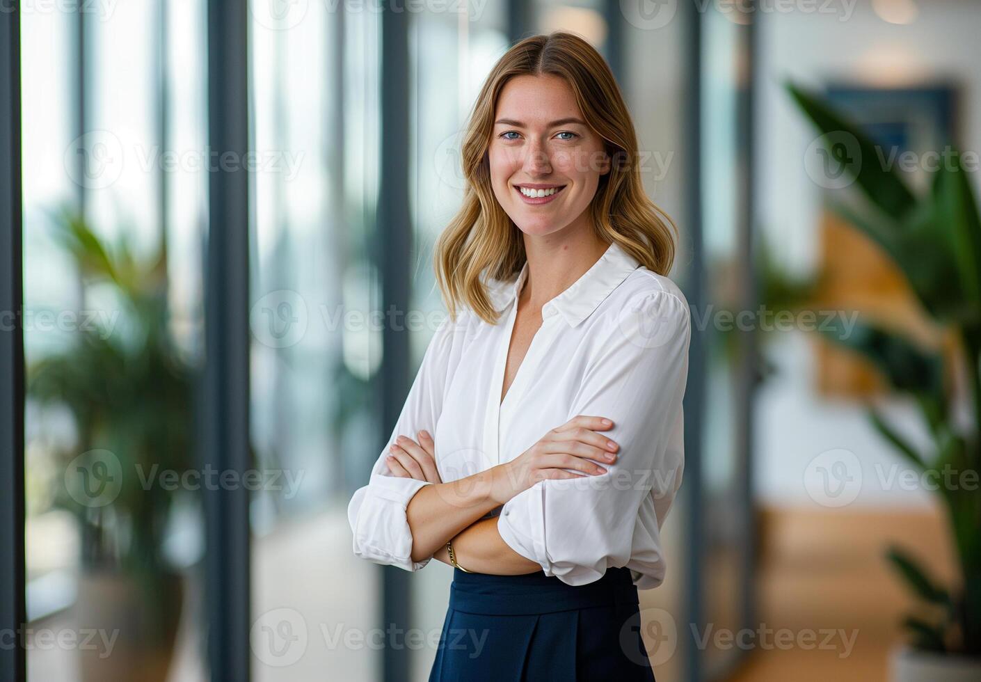 A portrait of an attractive business woman standing in front of her office photo