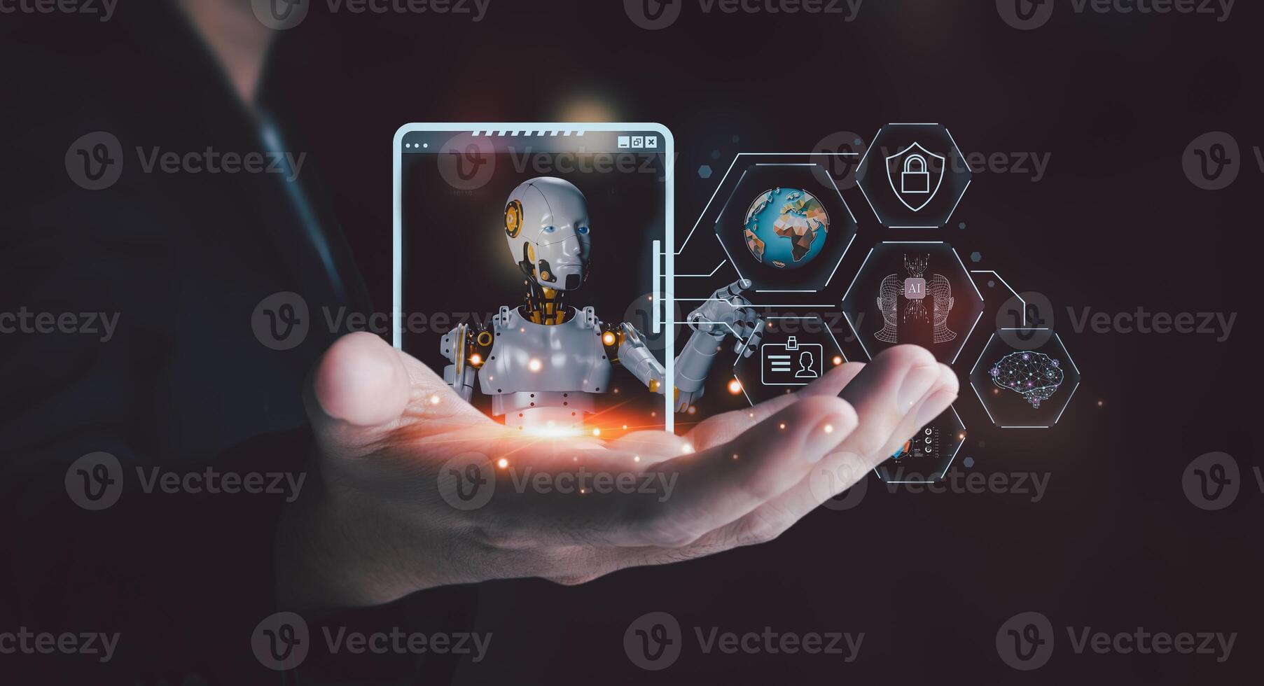 Businessman is showing concept of future technology and internet connection network with AI as controller. A graphic floated in the air on his hand. Data center network concept. photo