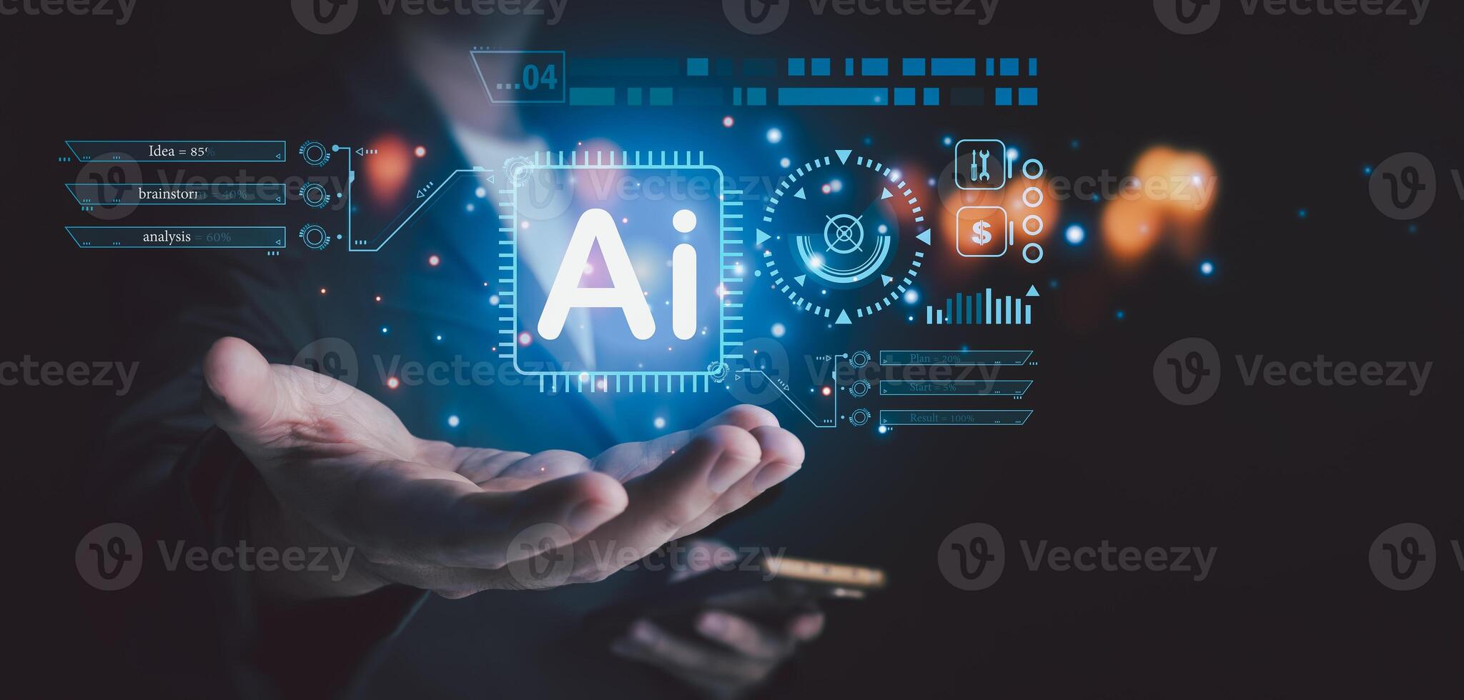 business man holding a mobile phone Showcasing technology from Artificial Intelligence, cutting-edge holographic graphics extend beyond the screen. Business data analysis assistant technology concept photo