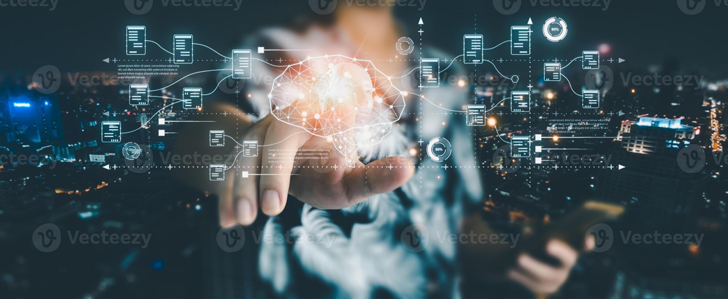 business man holding a mobile phone Showcasing technology from Artificial Intelligence, cutting-edge holographic graphics extend beyond the screen. Business data analysis assistant technology concept photo