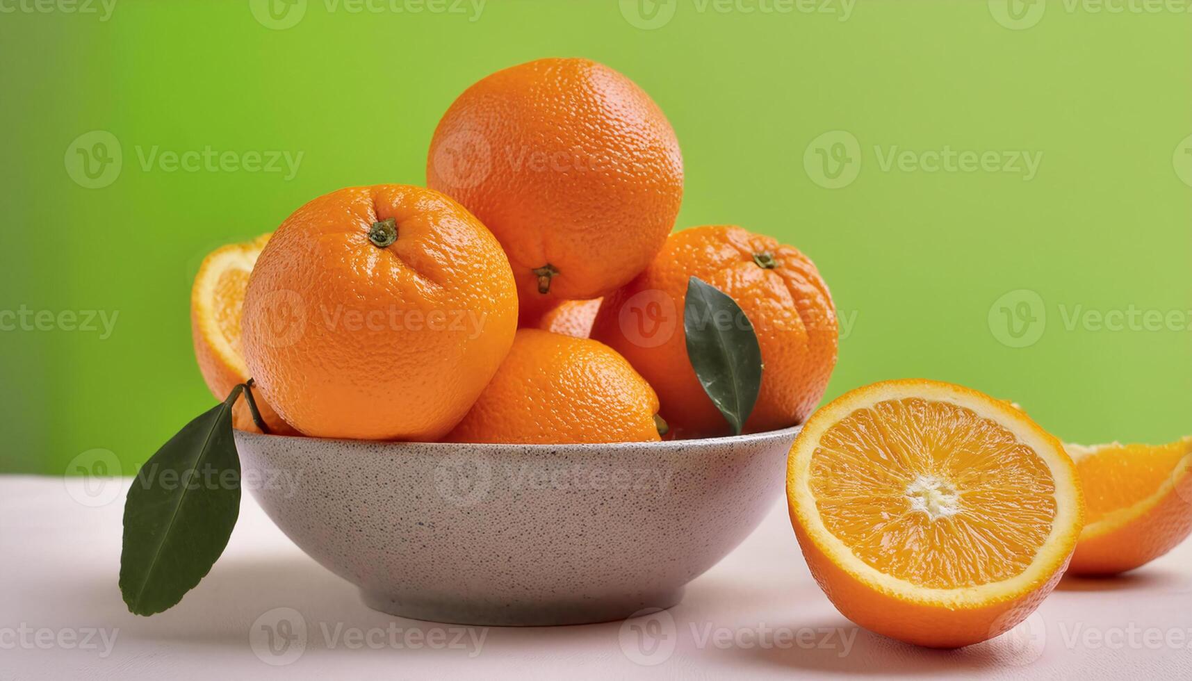 a plate of oranges with half cuts and a green background photo