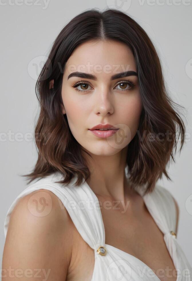 Woman wearing casual dress with attractive figure and beautiful face photo