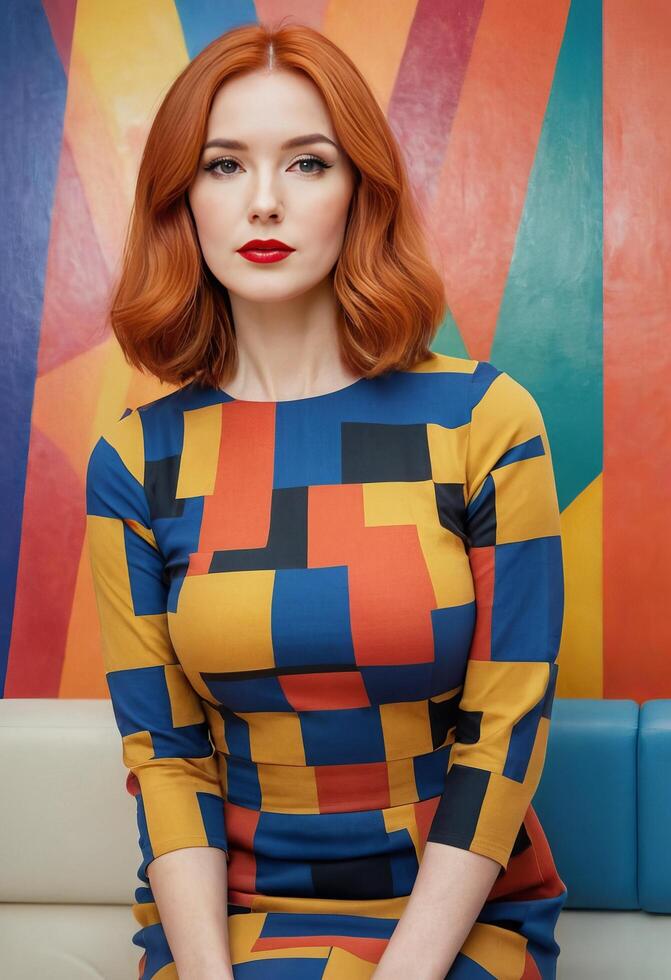 hotography of a woman in a colorful abstract pattern dress with red hair in front of a colorful wall photo