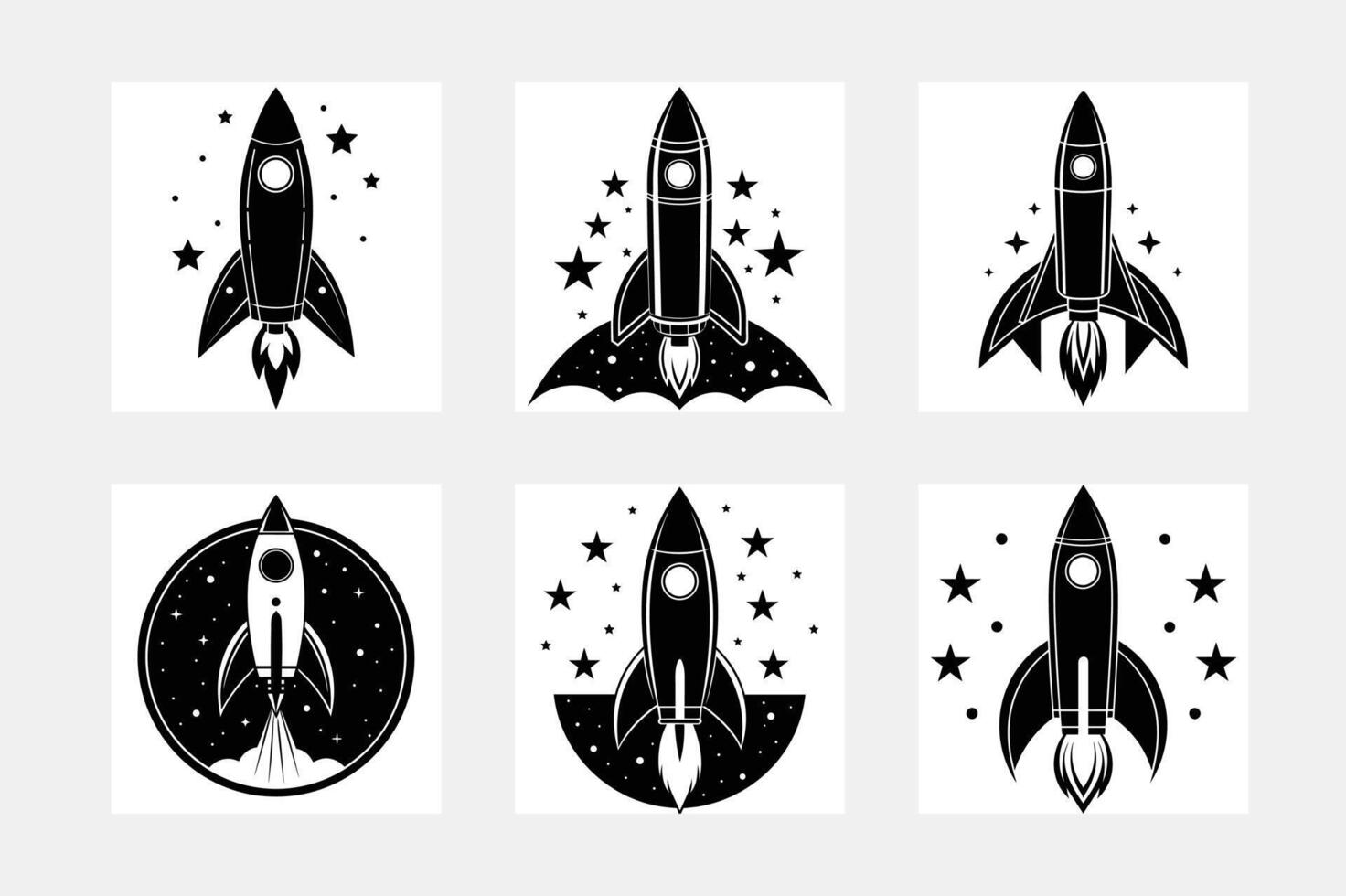 Rocket icon set. Space craft silhouette, black vehicle, future project and startup, flat style cartoon illustration isolated set vector