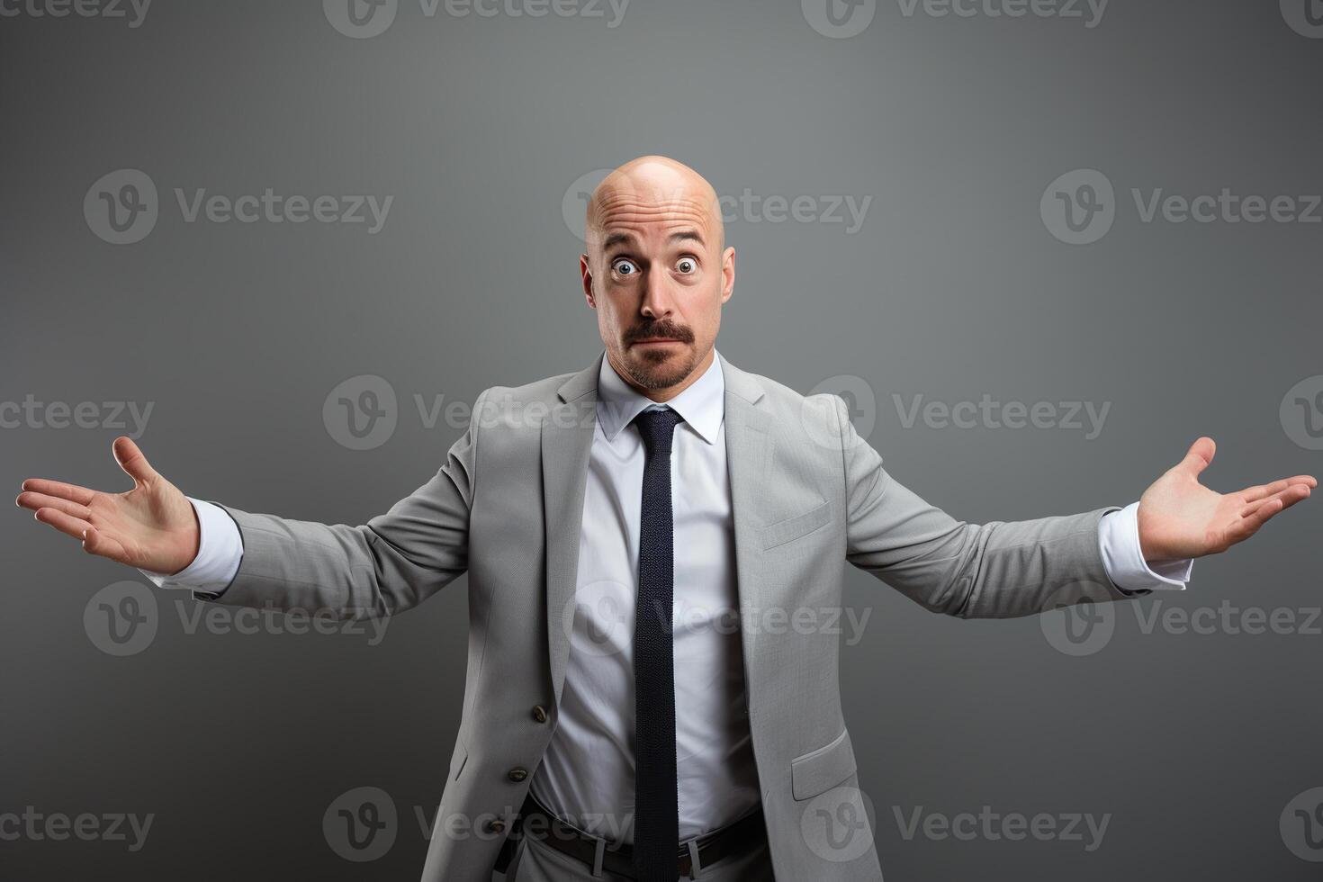 Portrait Man in a gray suit with surprised expression, arms open in a questioning gesture stands against a plain background, Man holding his arms open photo