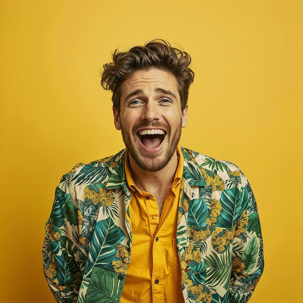 Cheerful man in a vibrant floral shirt and bright yellow background is smiling broadly photo