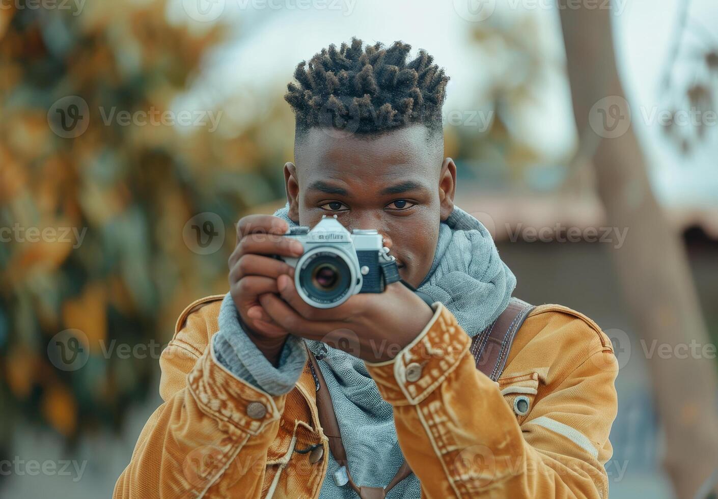Afro American young man with a stylish haircut and a yellow jacket takes a photo with a camera outdoors photography
