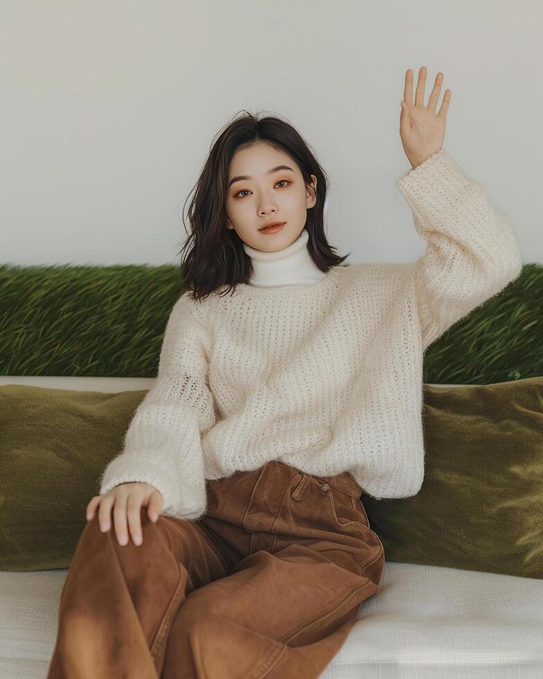 Asian woman in a cozy white sweater and brown pants sits on a sofa, raising one hand photo