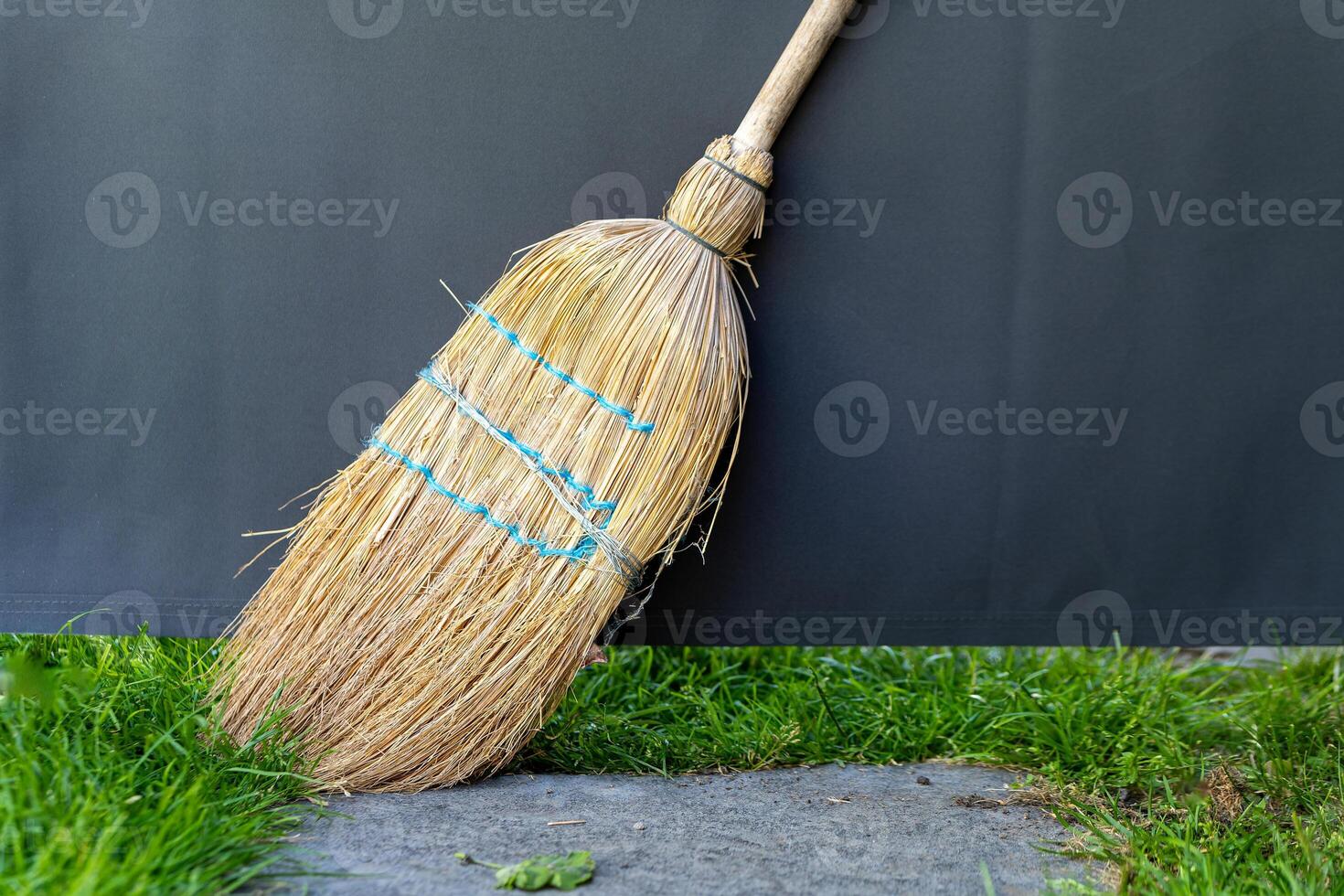 broomstick with a blue stripe is leaning against a black wall photo