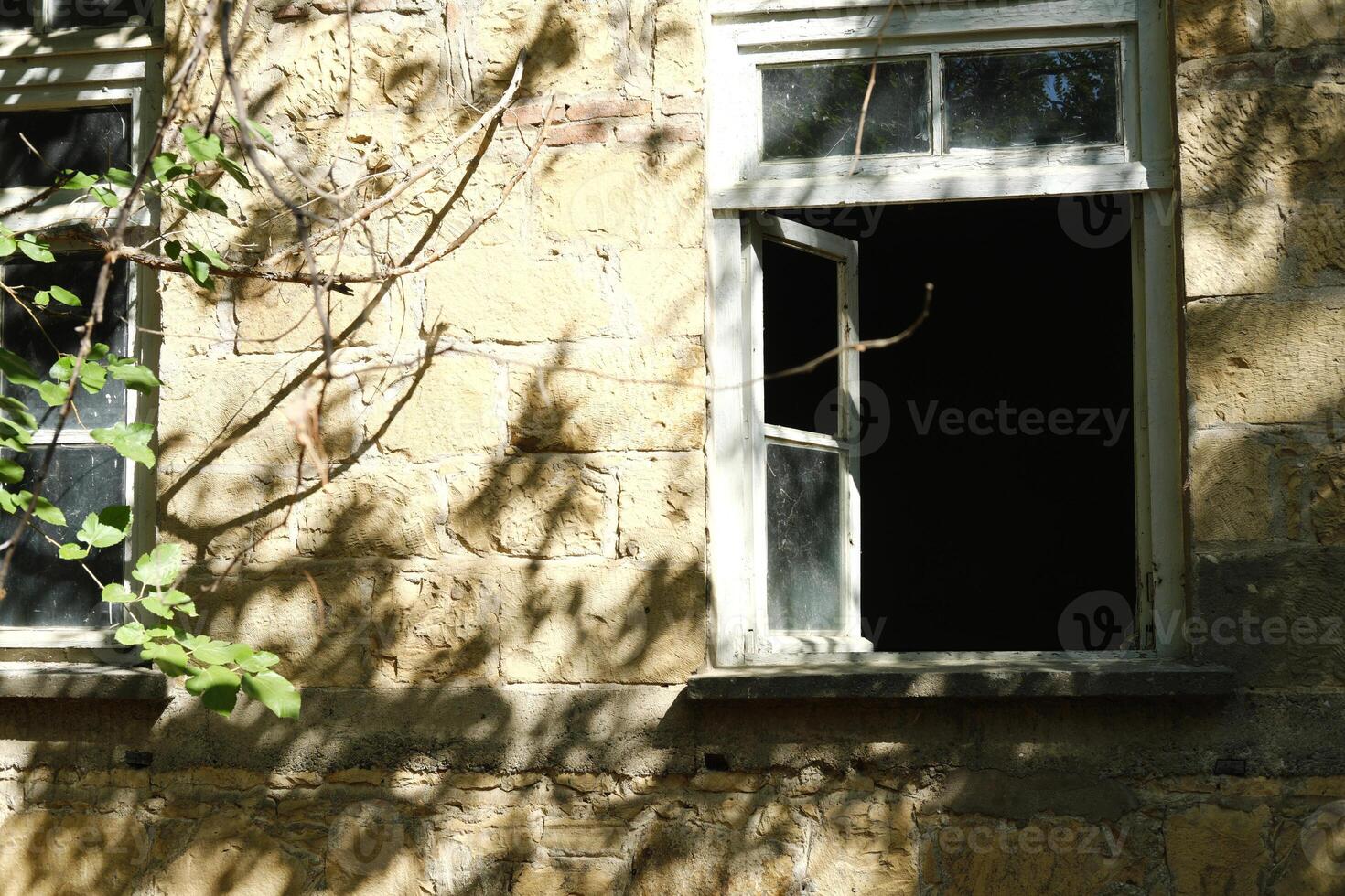 Abandoned Building with Broken Window Panes photo