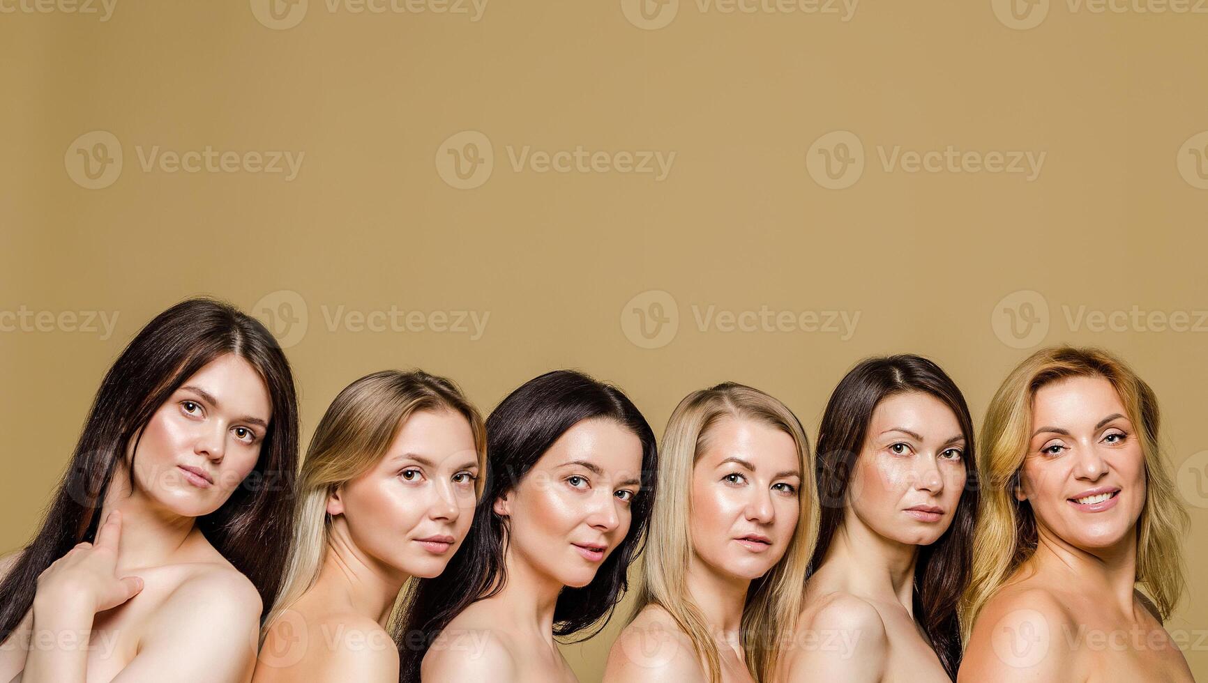 Diverse group of women with bare shoulders on beige background for banner photo