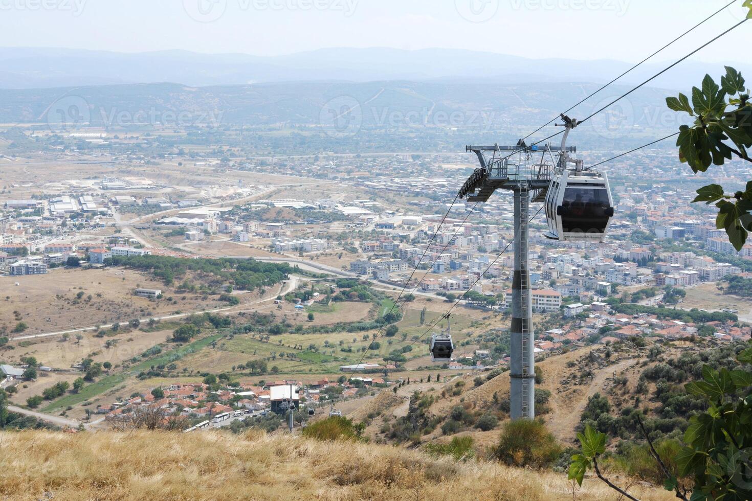 Panoramic Cable Car Ride Over Expansive City and Hills Landscape photo