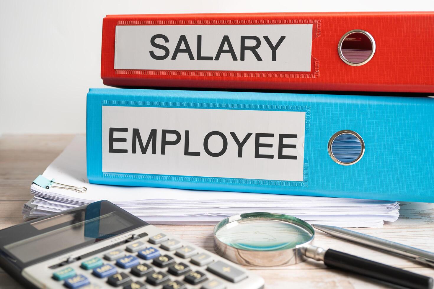 Salary., Employee. Binder data finance report business with graph analysis in office. photo