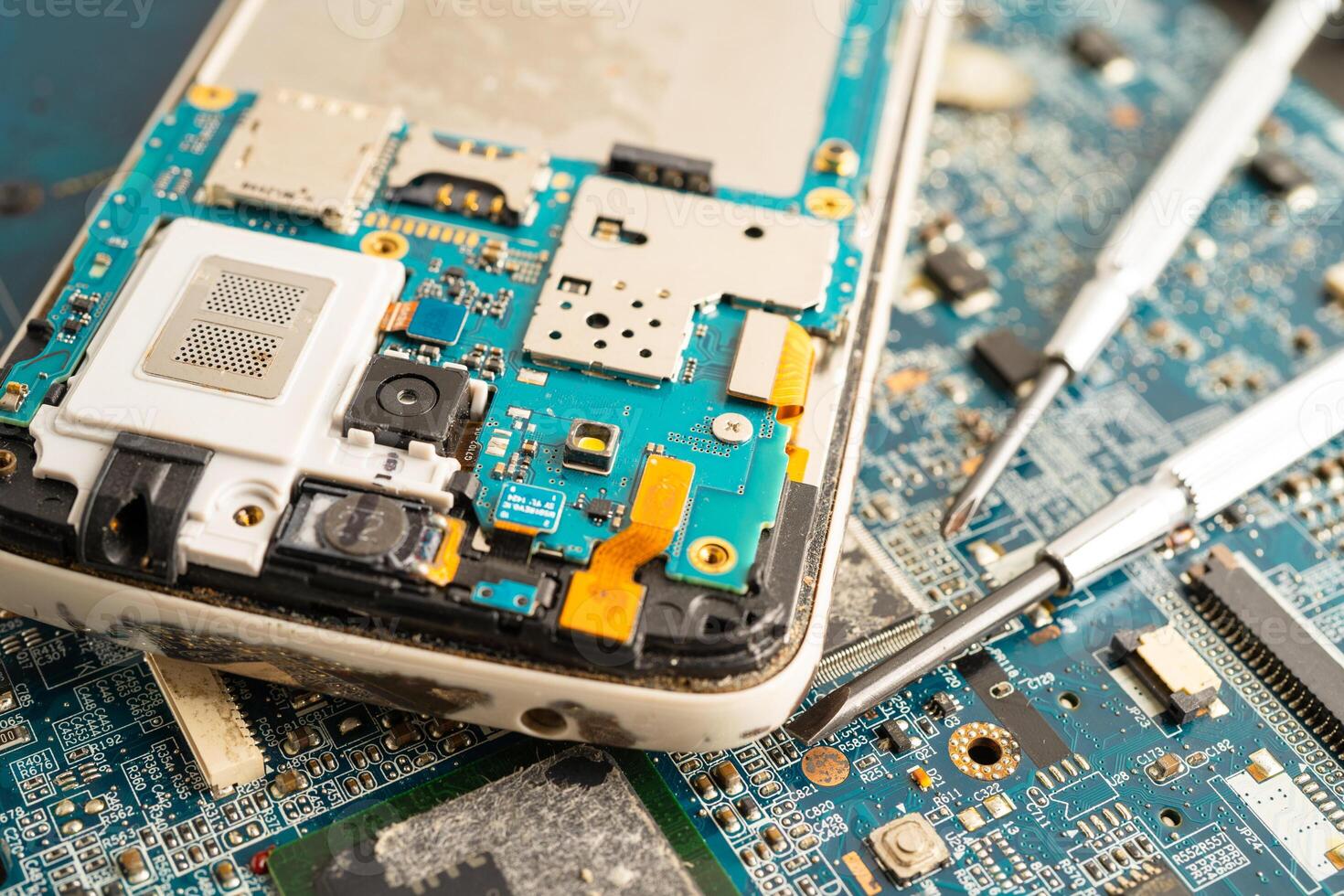 Repairing and upgrade circuit mainboard of notebook, electronic, computer hardware and technology concept. photo