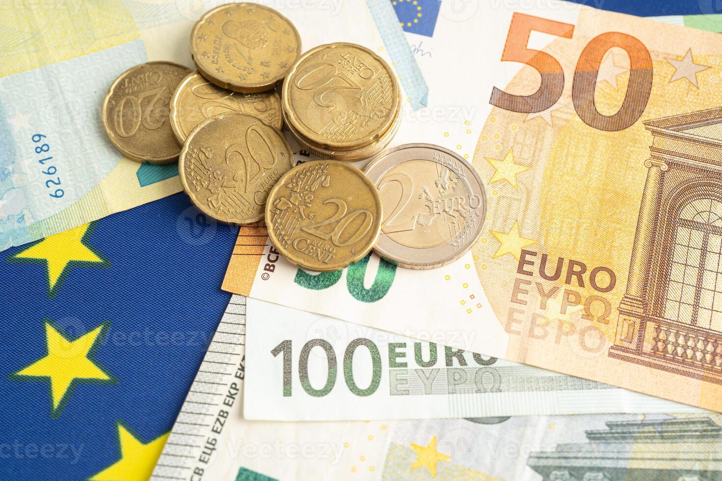 Euro banknote and coin, Europe money, economy finance exchange trade investment. photo