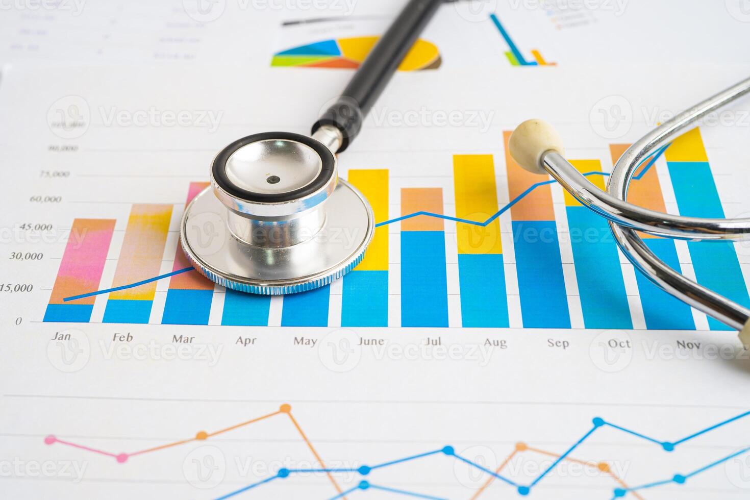 Stethoscope on spreadsheet and graph paper, Finance, Account, Statistics, Investment, Analytic research data economy and Business company concept. photo