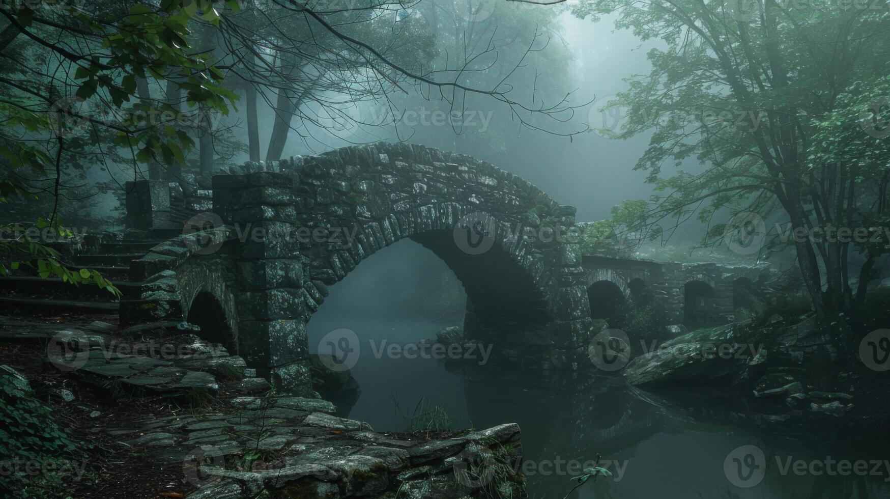 A bridge over a river with fog in the background photo