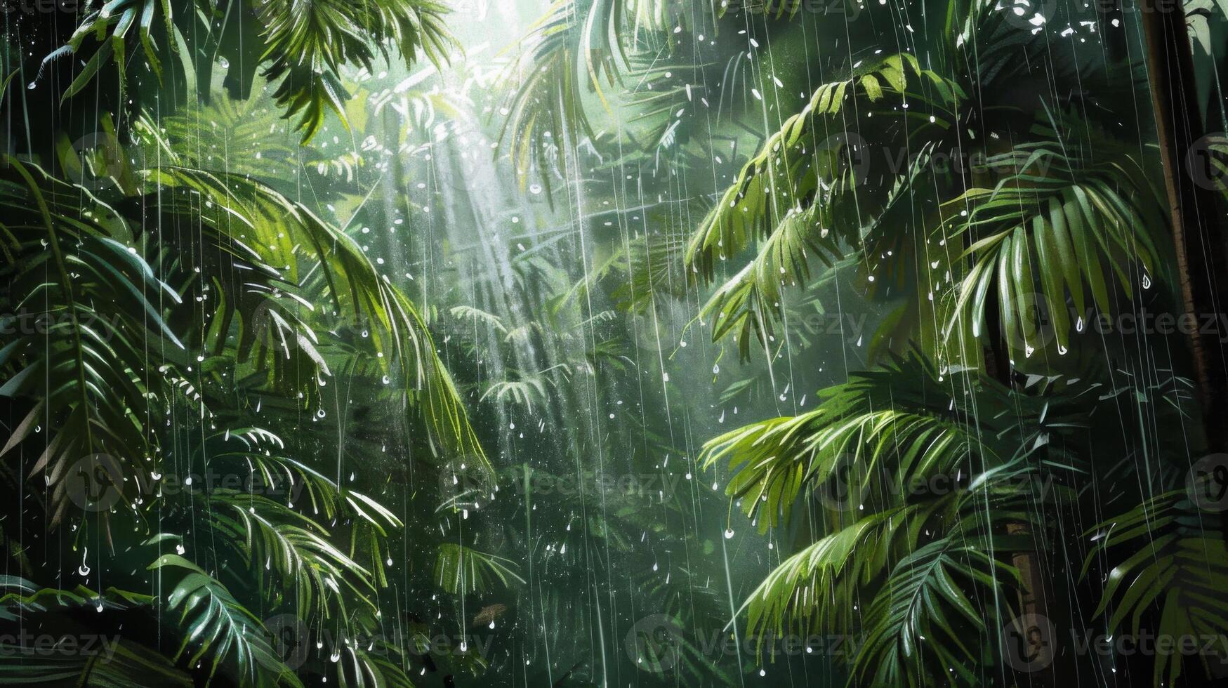A lush green jungle with rain pouring down on the leaves photo