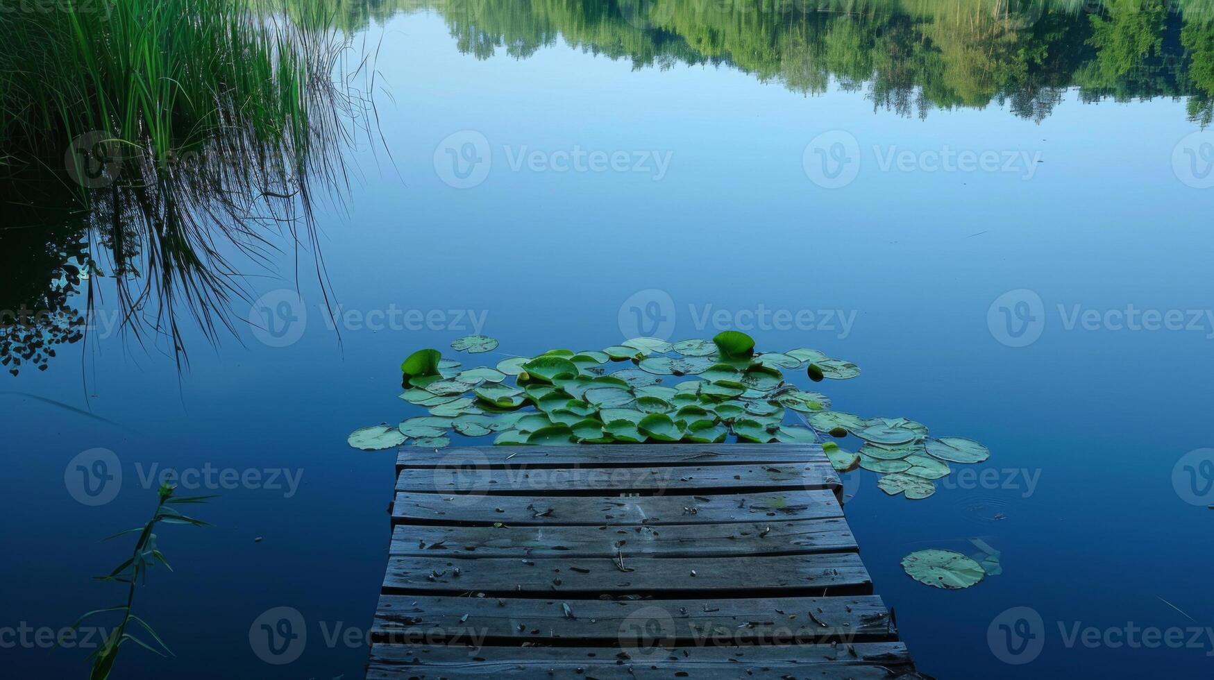 A wooden dock sits in a pond with lily pads floating on the water photo