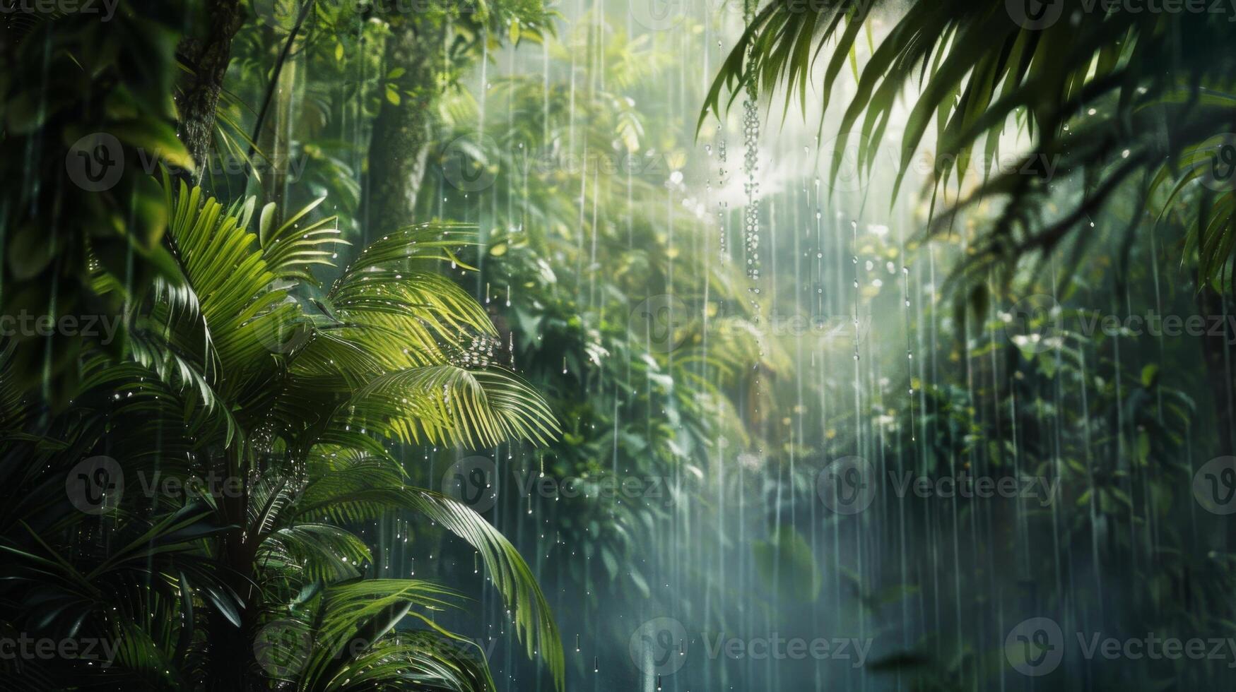 A lush green jungle with rain pouring down on the leaves photo